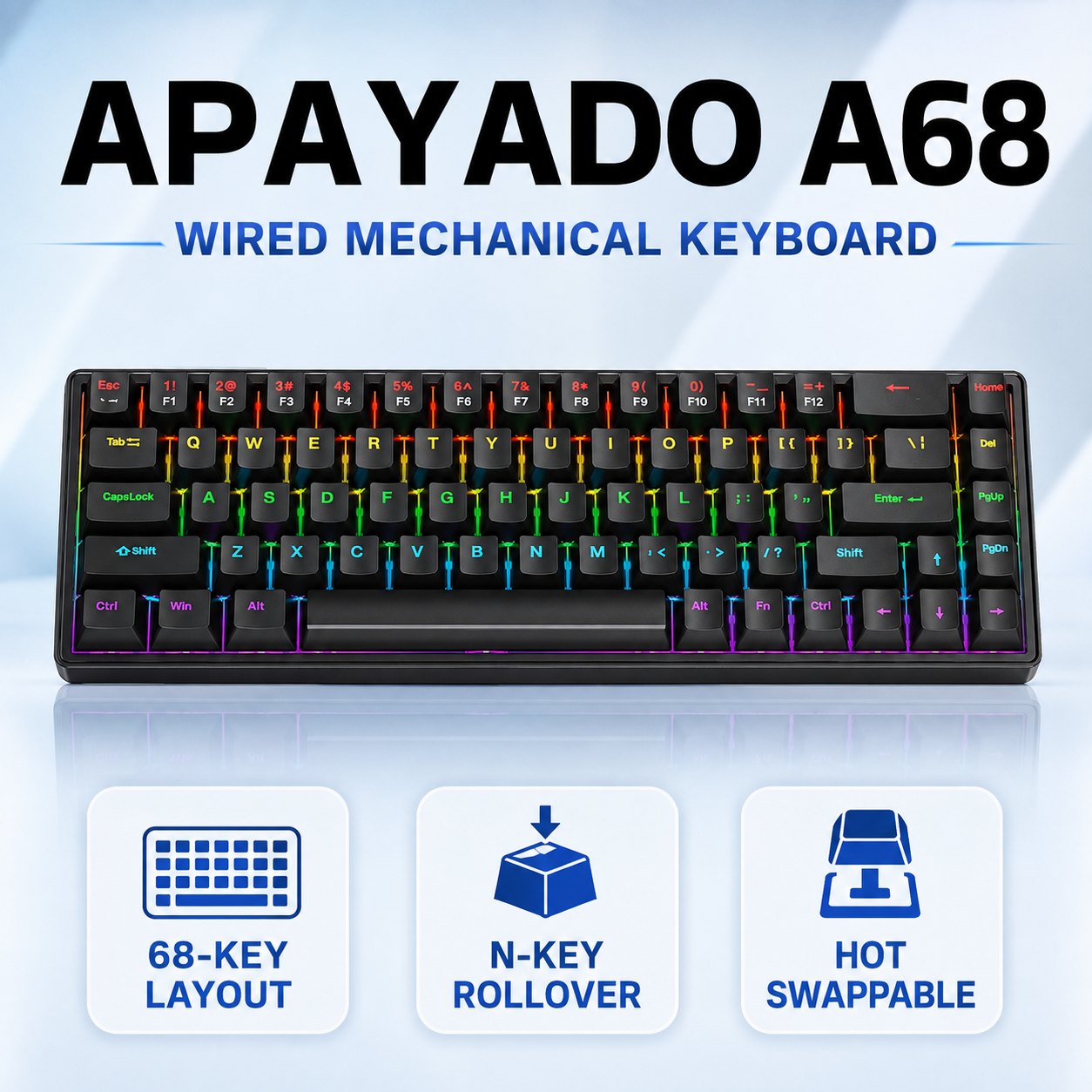 Keyboard Gaming Blue Switch - APAYADO A68 Wired Mechanical Keyboard, Hot-Swappable,